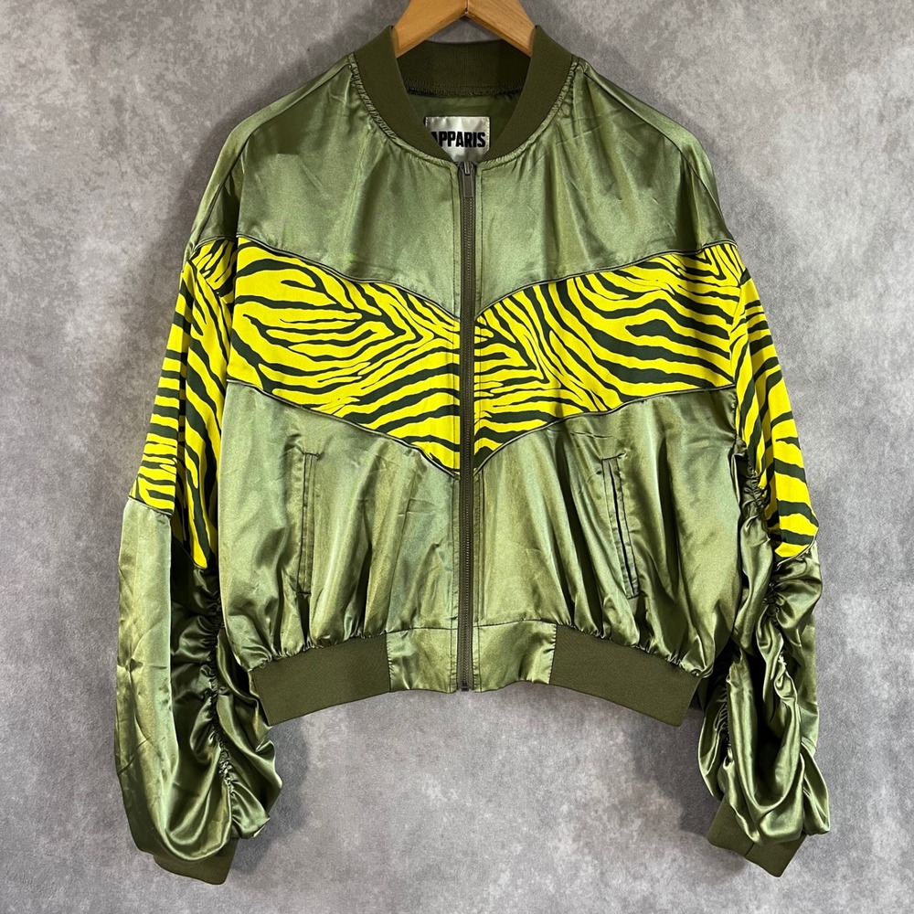 Apparis Bomber Jacket Womens Small Green Yellow Tiger Print Ruched Satin Zip
